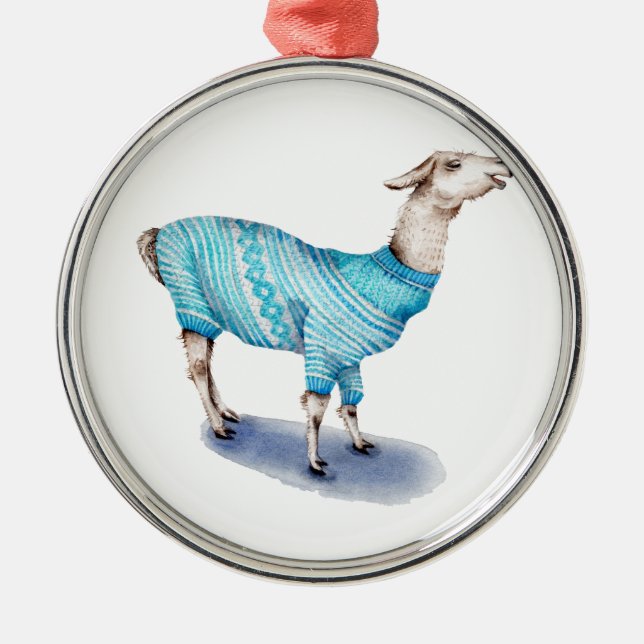 Ornamento De Metal Watercolor Llama em Blue Sweater (Frente)
