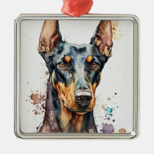 ORNAMENTO DE METAL WATERCOLOR PRETO E TAN DOBERMAN PINSCHER DOG