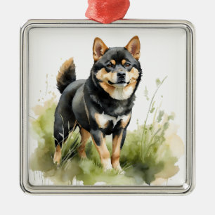 ORNAMENTO DE METAL WATERCOLOR PRETO E TAN SHIBA INU DOG