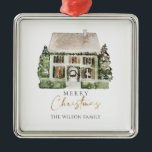 Ornamento De Metal Watercolor Winter Christmas House Ornament<br><div class="desc">Vinheta redonda clássica com Enfeites de natal de inverno de cor aquosa. Itens correspondentes disponíveis.</div>