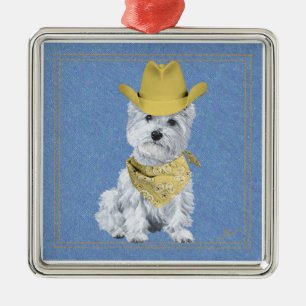 Ornamento De Metal Westie Cowboy em Denim