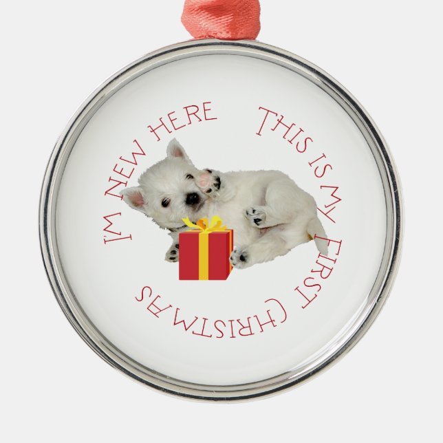 Ornamento De Metal Westie Puppy Primeiro Natal (Frente)