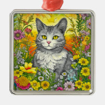 Whimsical Cat and Flowers
