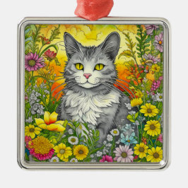 Ornamento De Metal Whimsical Cat and Flowers