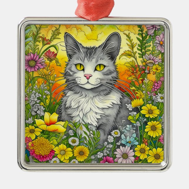 Ornamento De Metal Whimsical Cat and Flowers (Frente)