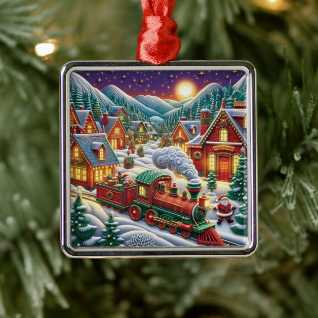 Ornamento De Metal Whimsical Christmas Village Santa & Train Ornament (Árvore)