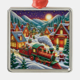 Ornamento De Metal Whimsical Christmas Village Santa & Train Ornament