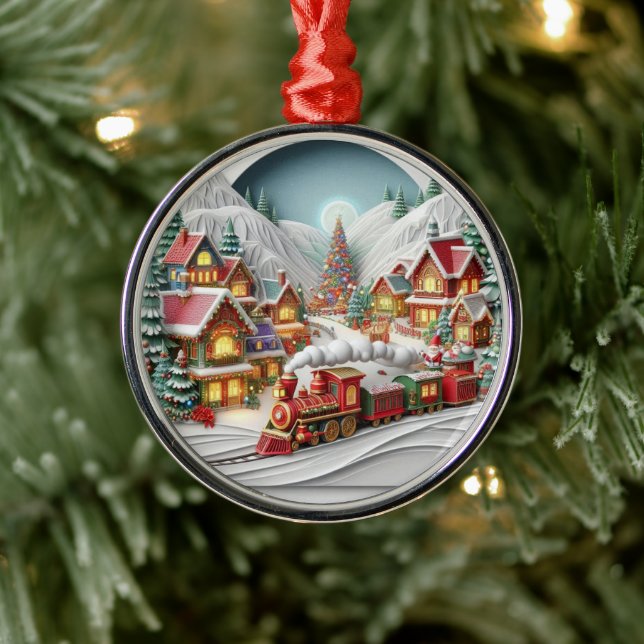 Ornamento De Metal Whimsical Christmas Village with Train Ornament (Árvore)
