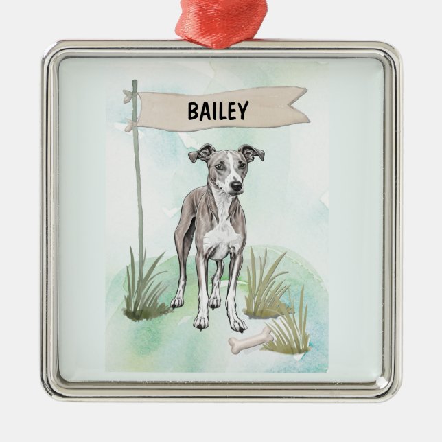 Ornamento De Metal Whippet Watercolor Personalized Dog (Frente)