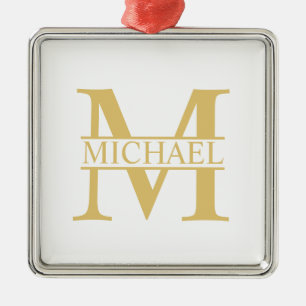 Ornamento De Metal White and Gold Personalized Monogram and Name