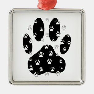 Ornamento De Metal White Paws Na Impressão Da Pata Preta