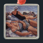 Ornamento De Metal Women Sunbelt on the Beach (por Serebriakova)<br><div class="desc">Esta design apresenta uma pintura da artista russa Zinaida Serebriakova (1884-1967). Ela mostra duas mulheres tomando sol em uma praia rochosa ao lado do mar. A mulher em primeiro plano está vestindo uma fantasia de natação azul-clara, que tem listras vermelhas e brancas correndo verticalmente através dela, e ela está dormindo...</div>