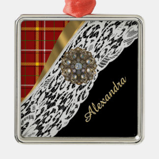 Ornamento De Metal Xadrez de tartan vermelha bonito e laço branco