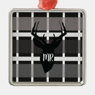 Ornamento De Metal Xadrez Deer Monograma Presente no Natal