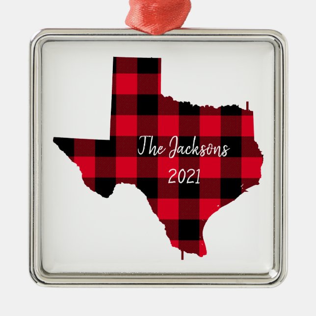 Ornamento De Metal Xadrez Vermelha e Negra Buffalo Nome e Ano do Texa (Frente)