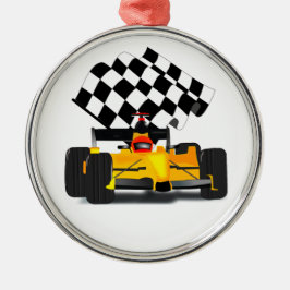 Ornamento De Metal Yellow  Race Car with Checkered Flag