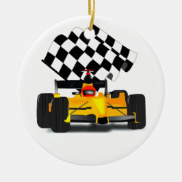 Ornamento De Metal Yellow  Race Car with Checkered Flag