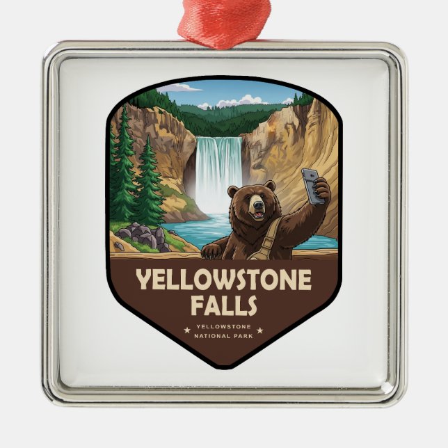 Ornamento De Metal Yellowstone Falls Bear Selfie Shield (Frente)