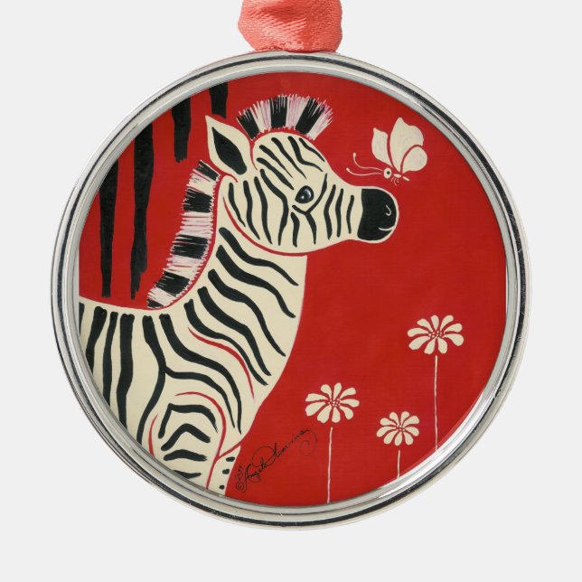 Ornamento De Metal Zebra, margaridas & borboleta (Frente)