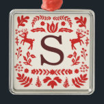 Ornamento de Monograma de Feriado Folclórico Perso<br><div class="desc">A mão desenhou um design de férias de marfim e vermelho personalizado por Shelby Allison que pode ser personalizado com o seu primeiro.</div>