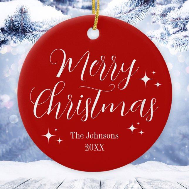 Ornamento de Natal Feliz, Personalizado de Branco  (Elegant Red White Custom Merry Christmas Ornament
)