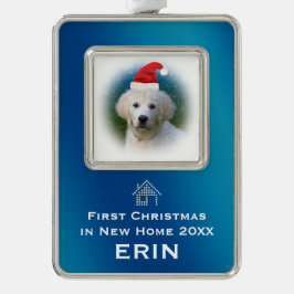 Ornamento De Natal Prateado Primeiro Natal do azul na foto nova do animal de