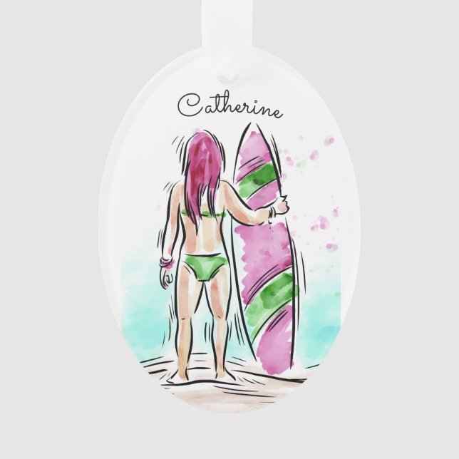 Ornamento de nome personalizado da Surfer Girl (Frente)