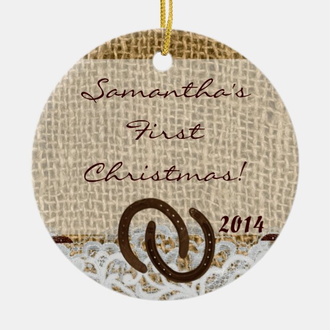 Ornamento de Nome Personalizado de Burlap Rustic C (Frente)