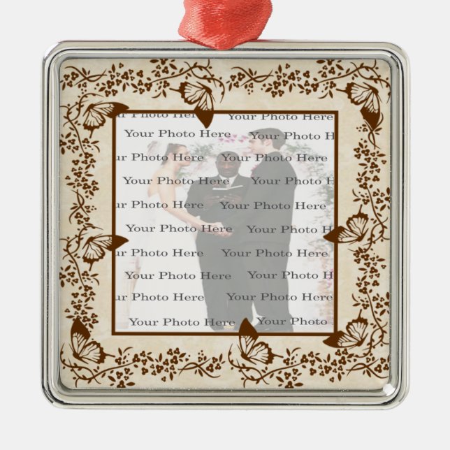 Ornamento de Prata Quadrada de Borboleta Elegante (Frente)