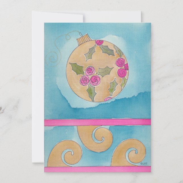 Ornamento de Rosa Rosa e Azevinho - Cartão de Nata (Frente)