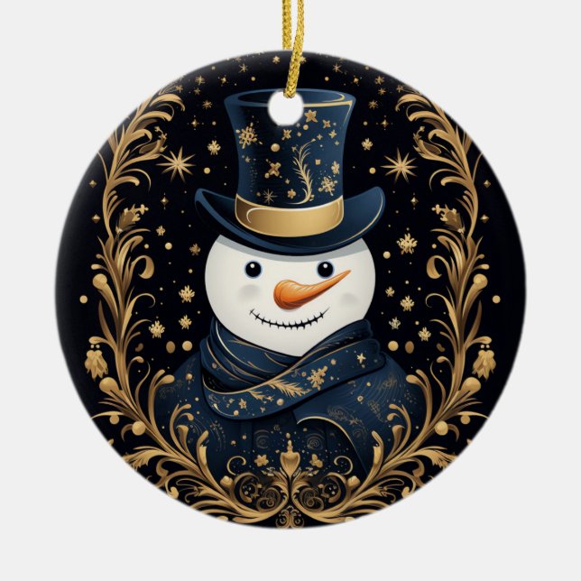 Ornamento Decorativo Dourado do Blue Hat Snowman (Frente)