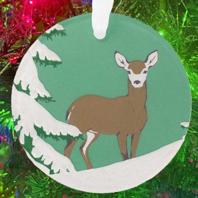 Ornamento Deer Snow Winter Scense Pine Tree (White face brown female deer standing in snow by pine tree on mint green ceramic ornament.)
