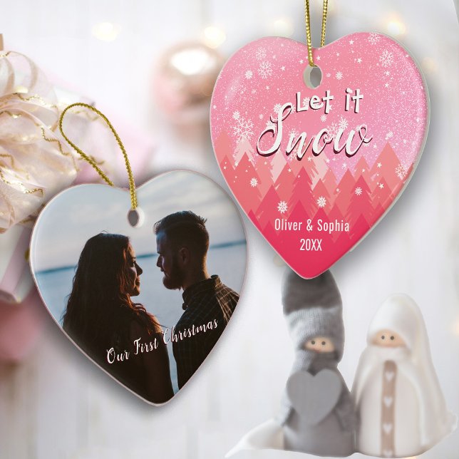 Ornamento Deixar Neve Primeira Foto de Natal Rosa (Criador carregado)