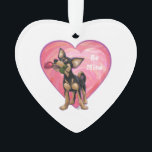 Ornamento Dia de os namorados Chihuahua<br><div class="desc">Parada Animal O romântico Chihuahua Dog Personalizado presentes, cartas e acessórios de coração e amor apresenta nossa divertida trabalho de arte de um Chihuahua negro e bronzeado segurando um rosa bonito na boca com corações roxos, vermelhos e cor-de-rosa por trás pintados digitalmente pelo artista infantil, Traci Van Wagoner. Este doce...</div>
