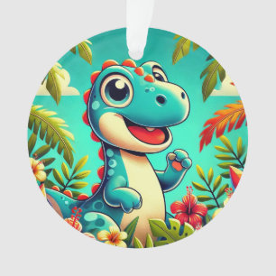 Ornamento Dinossauro de Desenho Adorável em Meio a Tropical