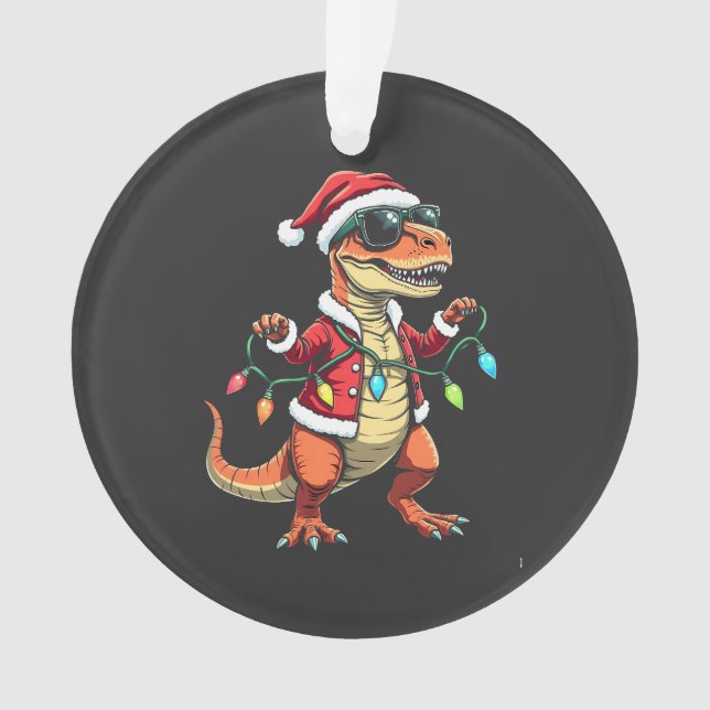 Ornamento Dinossauro Envolvido com Luzes de Natal Santa Hat (Frente)