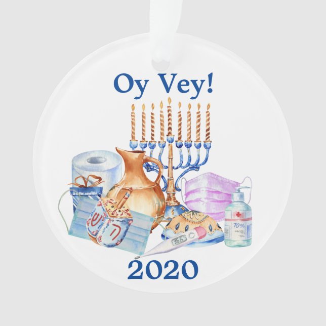 Ornamento Divertido Hanukkah Covid Aquarela Quarentena 2020 (Frente)