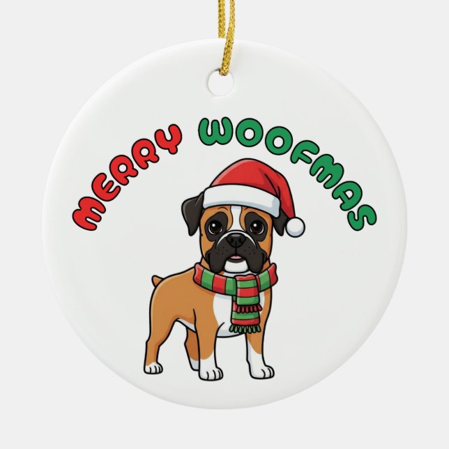 Ornamento do Boxer de Natal: Feliz Woofmas (Frente)