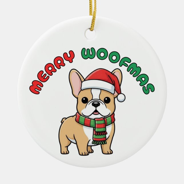 Ornamento do Bulldog Francês de Natal: Feliz Woofm (Frente)