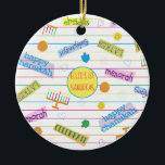 Ornamento do Círculo "Partido Chanukah" de Hanukka<br><div class="desc">Ornamento do Círculo "Partido Chanukah" de Hanukkah. (2 lado) Personalize eliminando o texto no ornamento e substituindo pelo seu. Depois, usando a cor, o tamanho e o estilo da fonte favorita, digite suas próprias palavras. A forma do círculo no centro do ornamento também pode ser alterada ou eliminada. Obrigados para...</div>