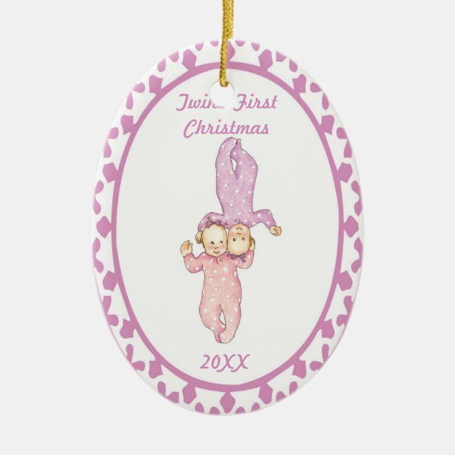 Ornamento do Oval da menina do Natal dos gêmeos (Frente)