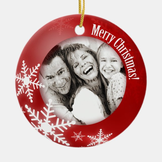 Ornamento do vermelho da foto dos flocos de neve (Frente)