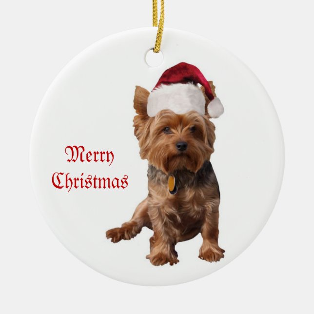 Ornamento do yorkshire terrier do Feliz Natal (Frente)