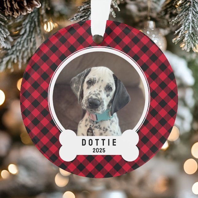 Ornamento Dog Photo Red and Black Buffalo Plaid Christmas (Dog Photo Red and Black Buffalo Plaid Christmas Ornament)