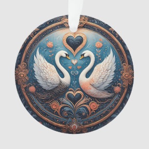 Ornamento Dois Cisnes com Desenho Floral e Ornamental
