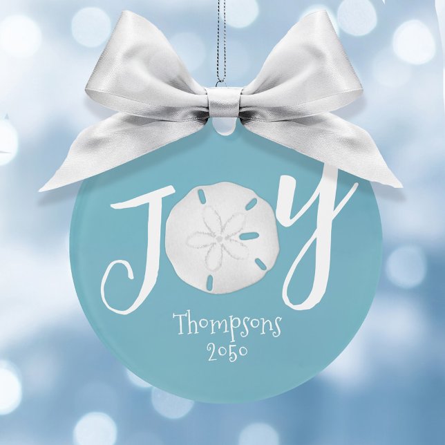 Ornamento Dólar de areia de praia com alegria de Natal azul (Simple Joy Typography sand dollar turquoise blue Christmas Photo Ornament. )