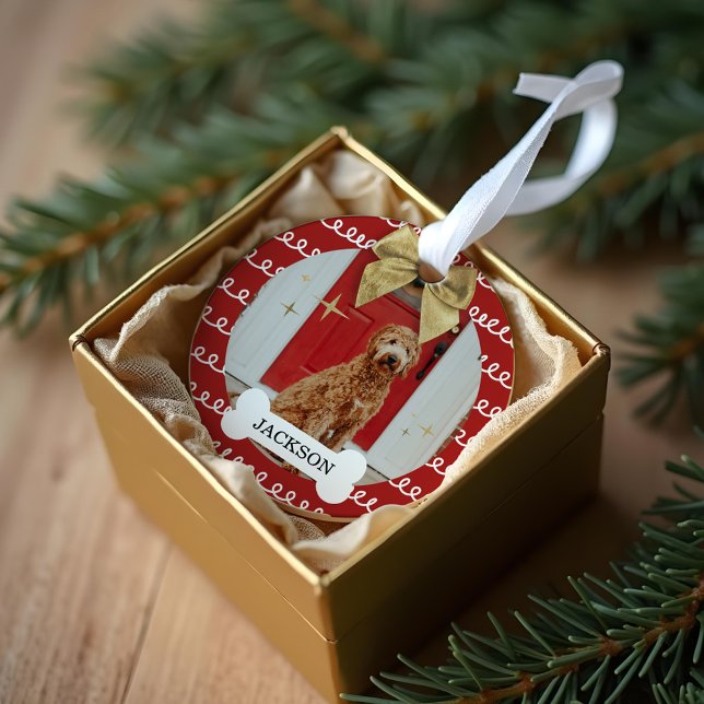 Ornamento Dourado Arco Vermelho e Branco Padrões do Cachorro (Gold Bow Red & White Swirl Pattern Dog Bone Photo Ornament)