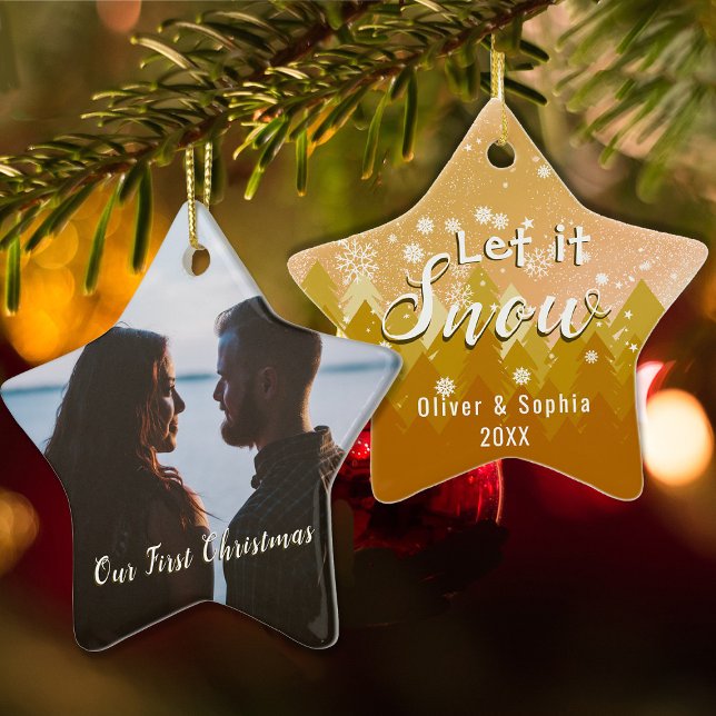 Ornamento Dourado Deixar Neve Primeira Foto de Natal (Criador carregado)