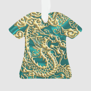 Ornamento Dragão Dourado em relevo em Satin Turquesa