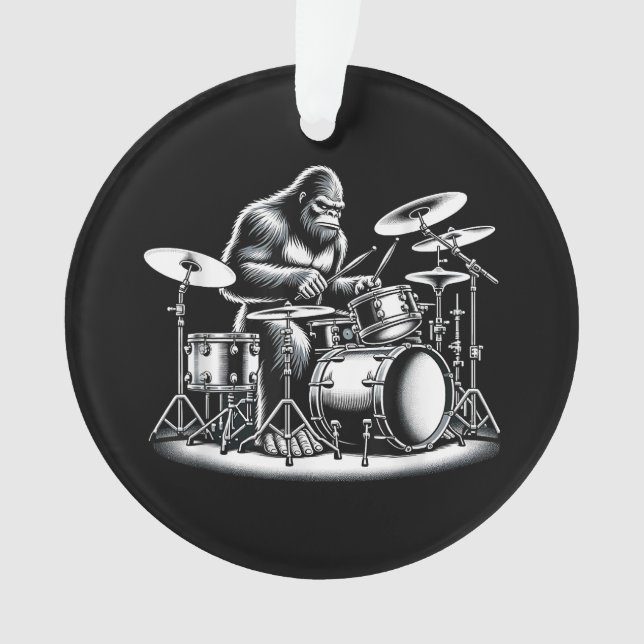 Ornamento Drummer Bigfoot Sasquatch Tocando Tambores Músico  (Frente)